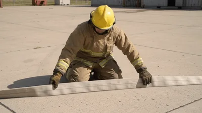 Firefighter Kneeling And Straightening A Fire Hose
