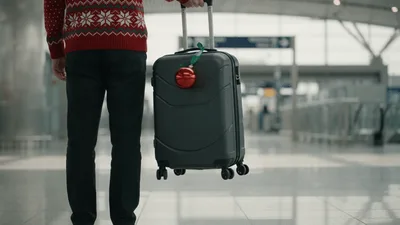 Man Holding Suitcase With Christmas Ornament At Airport