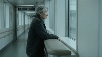 Elderly Asian Man Looking Out Hospital Window