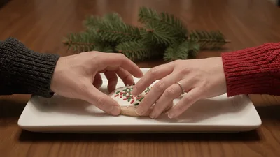 Couple Reaching For A Single Christmas Cookie