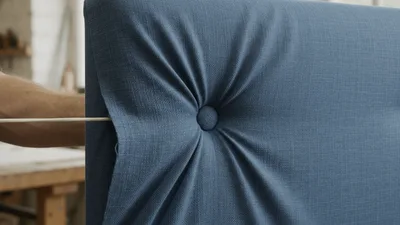 Upholsterer Pulling Thread Through Tufted Blue Headboard