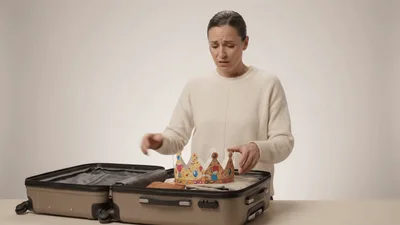Woman Unpacking A Suitcase With A Paper Crown