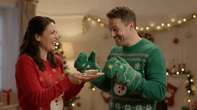 Couple Wearing Christmas Sweaters Laughing While Holding Mince Pie