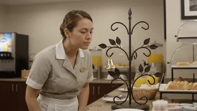 Hotel Staff Member Hanging Decorative Bell On Stand