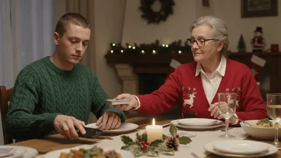 Grandmother And Grandson Playing Cards At Christmas Dinner