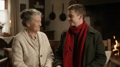 Elderly Woman Adjusting Scarf On Young Man