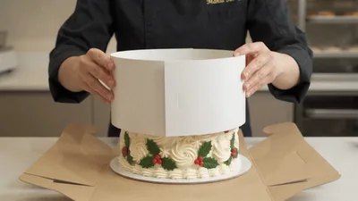 Pastry Chef Placing Protective Cardboard Collar Around Christmas Cake