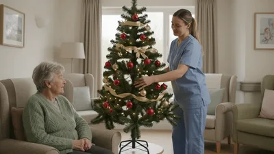 Caregiver Decorating Christmas Tree With Elderly Woman