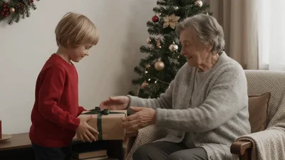Young Boy Giving Christmas Gift To Grandmother