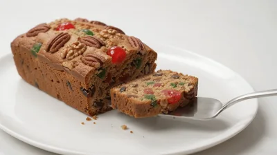 Serving A Slice Of Fruitcake With A Metal Spatula