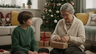 Grandmother And Grandson Unwrapping Christmas Gifts Together