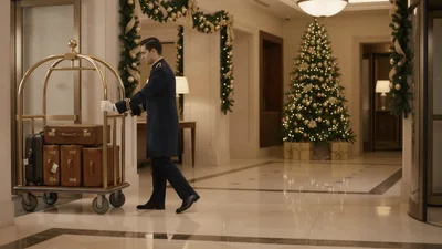 Hotel Bellhop Pushing Luggage Cart Through Festive Lobby