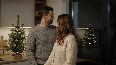 Couple Standing Together In A Cozy Kitchen At Christmas