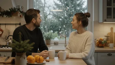 Couple Drinking Coffee And Looking Out Kitchen Window
