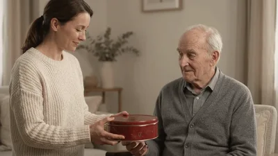 Young Woman Giving A Gift Tin To Elderly Man
