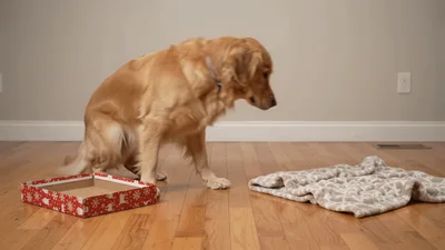 Golden Retriever Dog Sitting Near Gift Box And Blanket