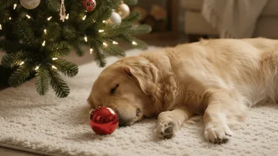 Golden Retriever Sleeping Under Decorated Christmas Tree
