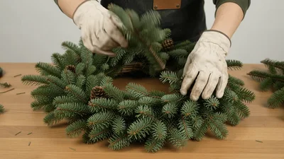 Person Adding Pine Branches To A Christmas Wreath