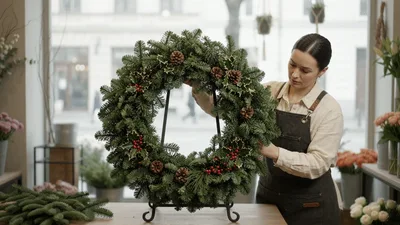 Florist Adjusting Decorative Christmas Wreath In Flower Shop