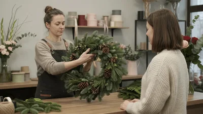 Florist Showing A Christmas Wreath To A Customer