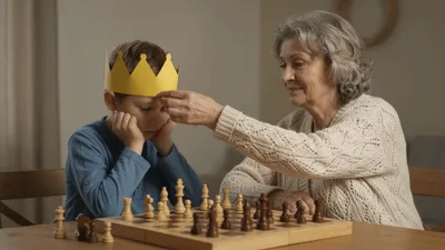 Grandmother Adjusting Paper Crown On Grandson Playing Chess