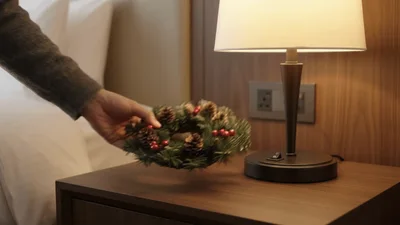 Hand Placing Christmas Wreath On Bedside Table