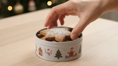 Hand Placing Star Shaped Cookie Into Christmas Tin