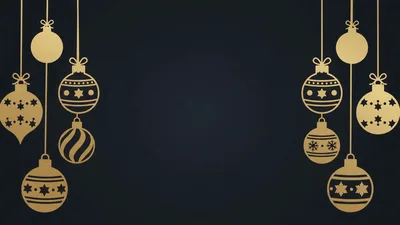 Golden Christmas Ornaments Hanging On Dark Background