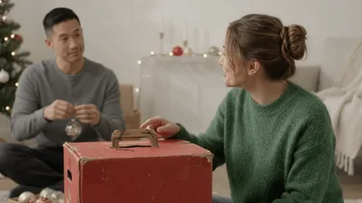Couple Decorating Christmas Tree Together In Living Room