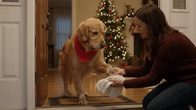 Woman Cleaning Muddy Paws Of Golden Retriever Dog