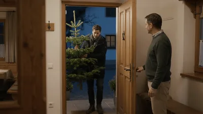 Man Welcoming Friend Carrying Christmas Tree Into Home