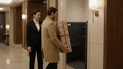 Hotel Concierge Directing Guest To Service Elevator