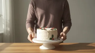 Person Rotating A Decorated Christmas Cake On A Stand
