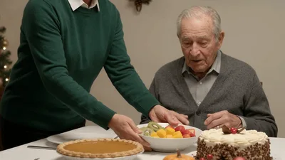 Woman Serving Fruit Bowl To Elderly Man At Dinner