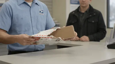 Postal Worker Unpacking A Christmas Package At Counter