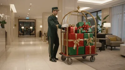 Hotel Bellhop Pushing Luggage Cart With Christmas Gifts