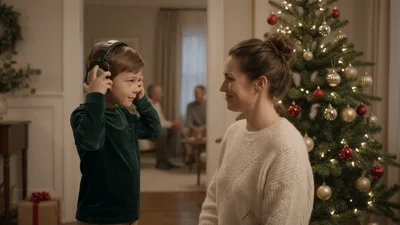Mother Helping Son Put On Headphones By Christmas Tree