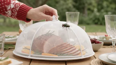 Hand Placing Mesh Food Cover Over Holiday Ham
