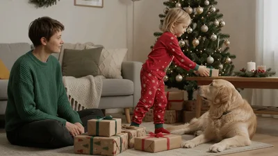 Little Girl Giving Christmas Gift To Golden Retriever