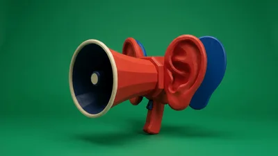 Red Megaphone With Human Ears Rotating On Green Background
