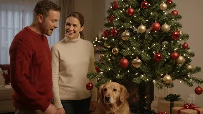 Couple Decorating Christmas Tree With Golden Retriever Dog