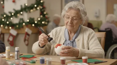 Elderly Woman Painting Christmas Ornament In Care Home