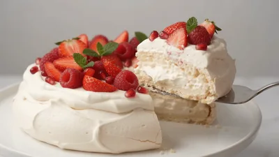 Serving A Slice Of Fresh Berry Pavlova Cake