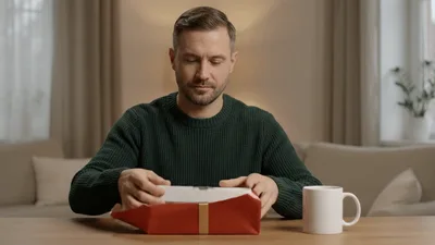 Man Opening A Red Gift Box At A Table