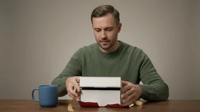 Man Unboxing A Gift Box Containing A Blue Mug