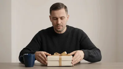 Man Unboxing A Gift Box With Blue Mugs