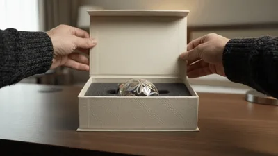 Hands Opening A Decorative Christmas Ornament Gift Box