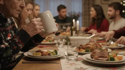 Elderly Man Drinking From Beer Stein At Christmas Dinner