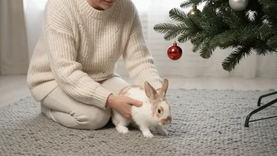 Woman Holding A Cute Rabbit Near Christmas Tree