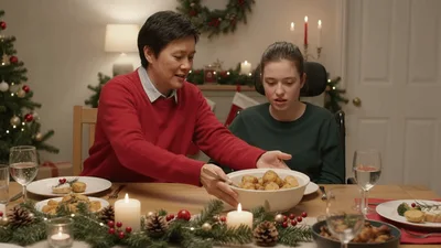 Mother Serving Roasted Potatoes To Daughter At Christmas Dinner